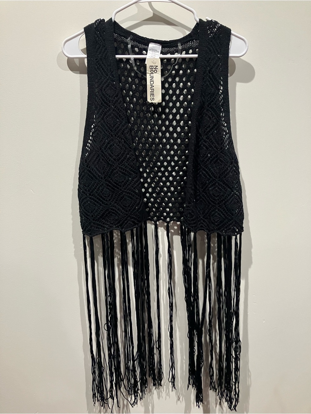 NWT Black Crochet Fringe Boho Vest Open Cardigan S-M